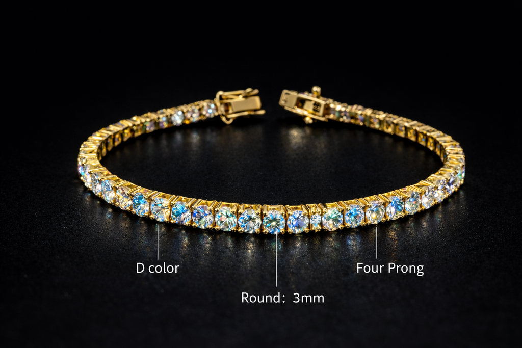 Moissanite 3mm, silver - gold plated bracelet
