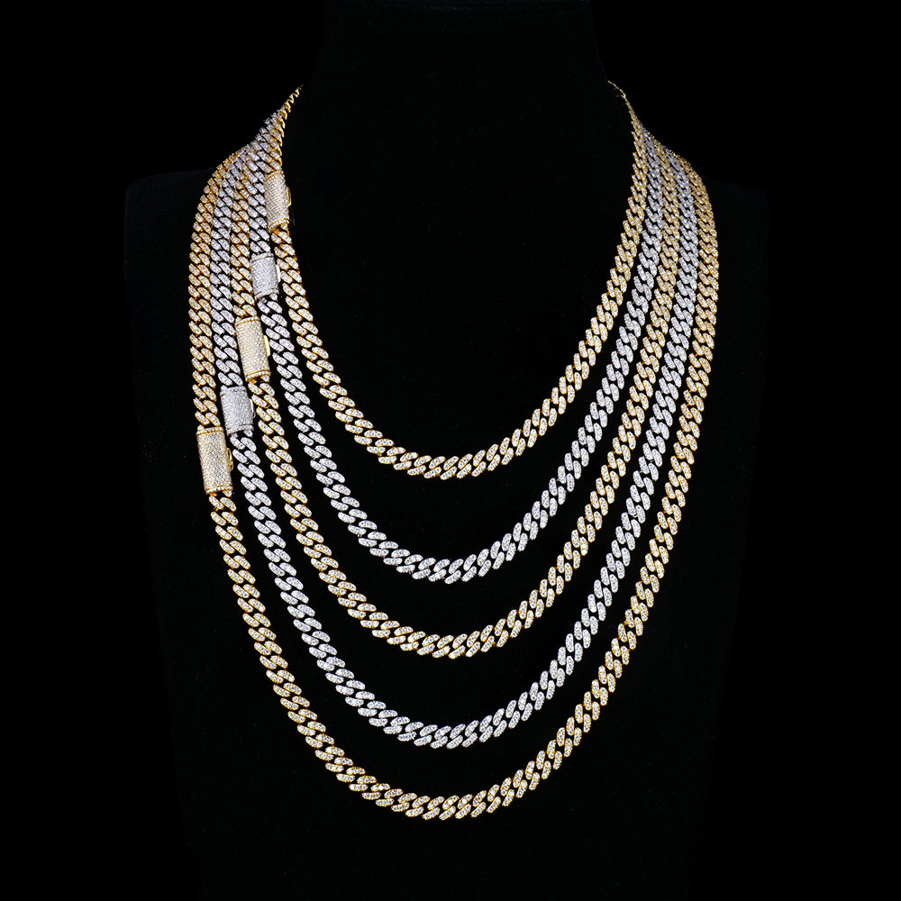 Moissanite hip-hop, 925 silver cuban chain - white gold plated, yellow gold plated