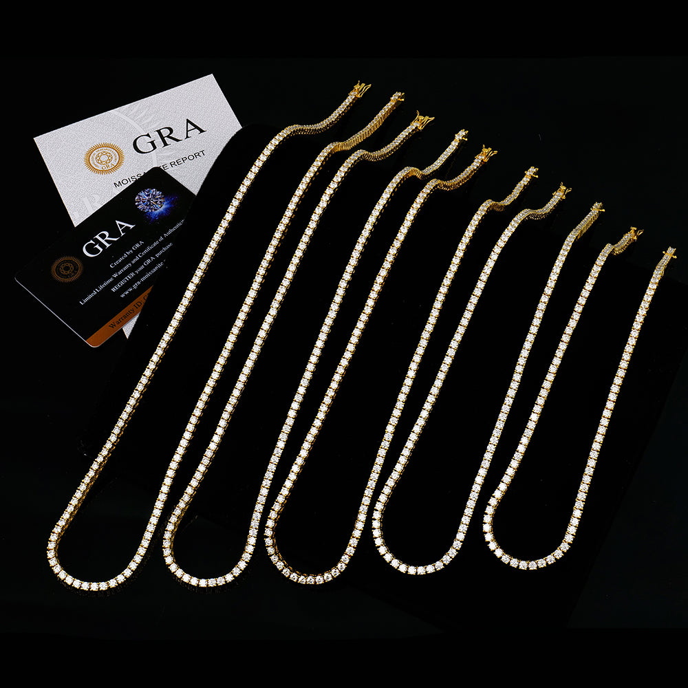 moissanite 3 mm, silver - gold plated tennis neckless