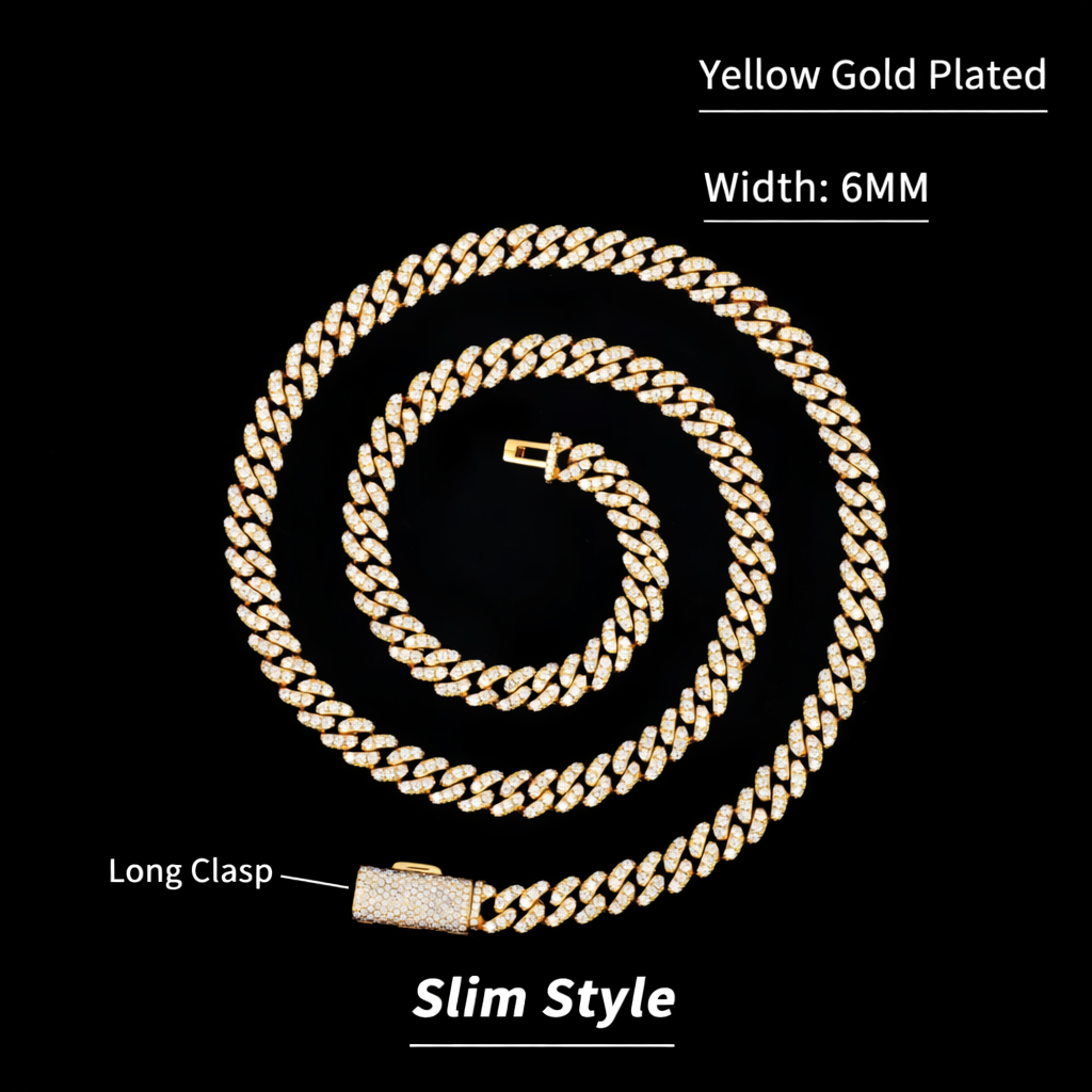 Moissanite hip-hop, 925 silver cuban chain - white gold plated, yellow gold plated